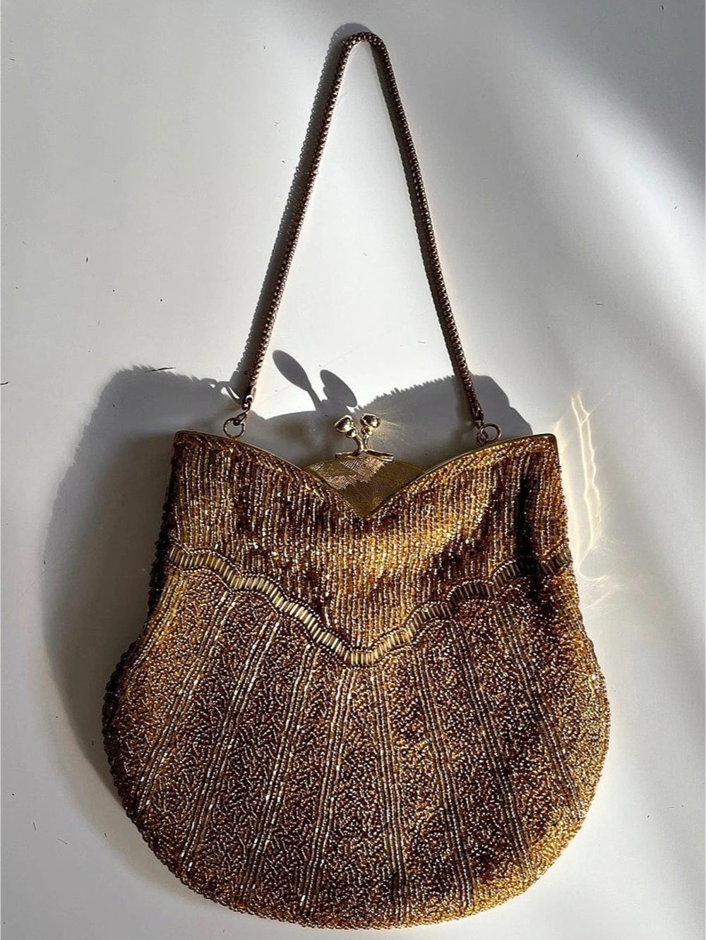 True vintage 1960s E B Robinson beaded gold evening bag
